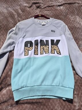 PINK Victoria's Secret Colorblock Crewneck in Light Gray White & Mint W/ Pockets